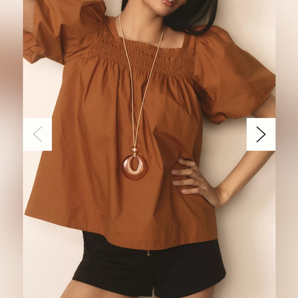 Maeve By Anthropologie Puff-Sleeve Smocked Blouse in Rust Orange, Size M, NWOT